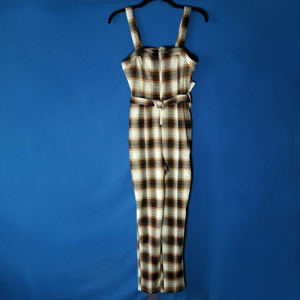 Almost Famous Plaid Jumpsuit Stylish Brown Checkered Pattern Sleeveless Design